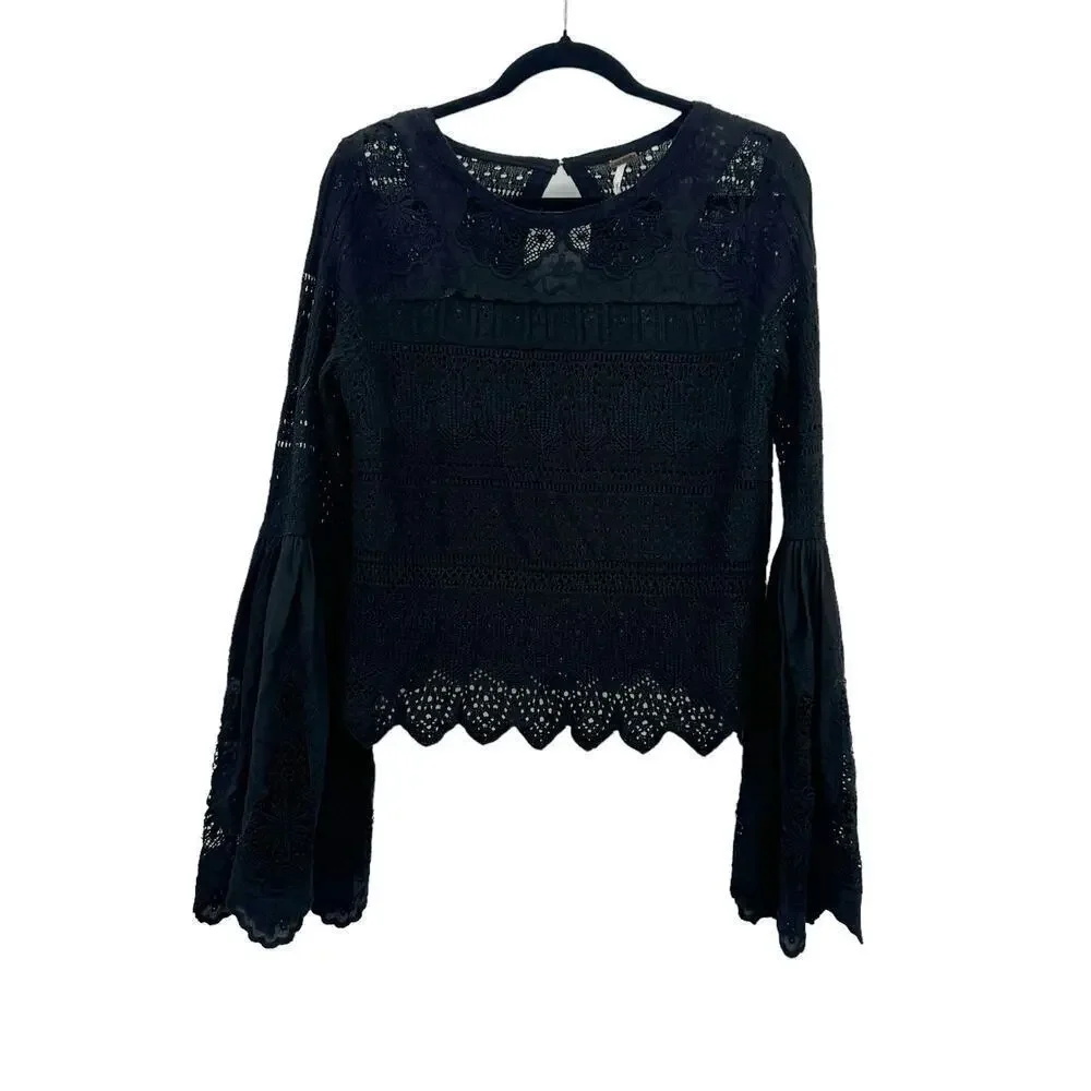 Free People Once Upon A Time Lace Bell Sleeves Top In Black Size S NWOT